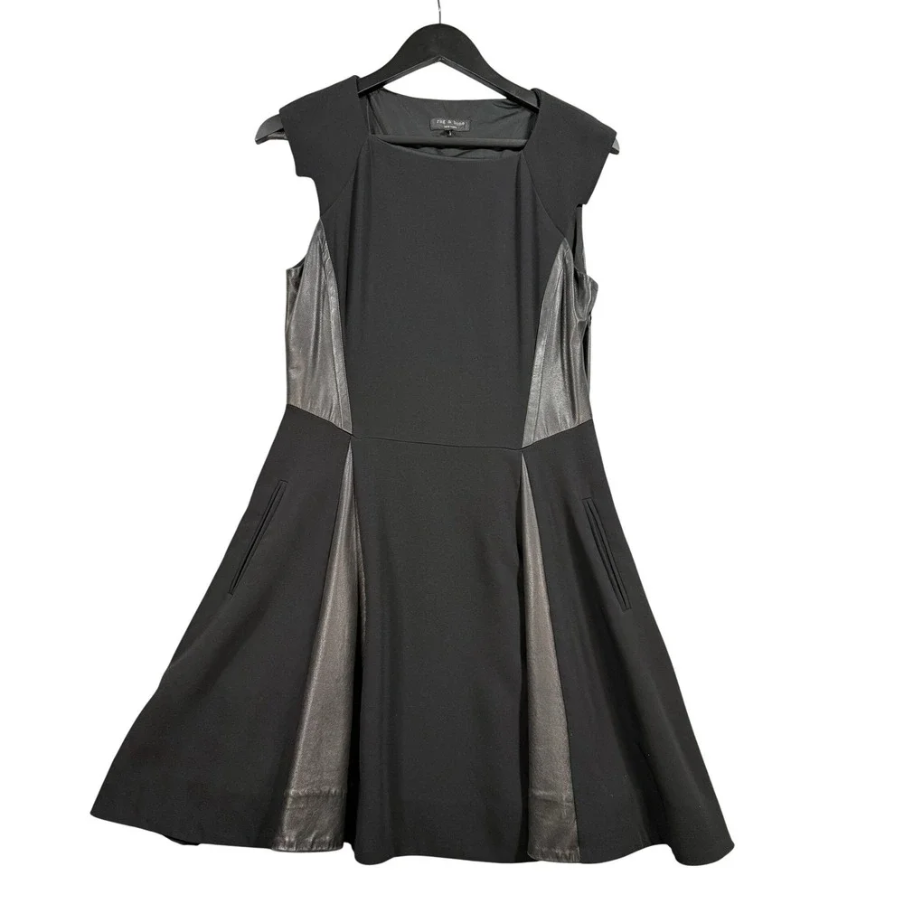 Rag & Bone Black Fit Flare Dress Lamb Leather Panels 8 USA Made Minimalist Chic - Picture 14 of 17
